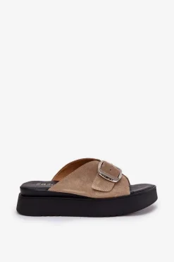 Zamszowe Klapki Damskie Z Klamrą Na Platformie Zazoo 3019 Beżowe