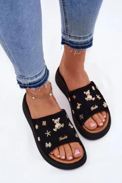 Zamszowe Klapki Damskie Z Przypinkami Vinceza 66741 Czarne