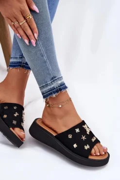 Zamszowe Klapki Damskie Z Przypinkami Vinceza 66741 Czarne