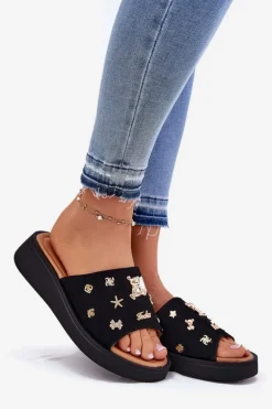 Zamszowe Klapki Damskie Z Przypinkami Vinceza 66741 Czarne