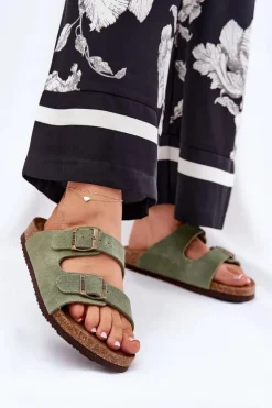 Zamszowe Klapki Damskie Z Klamrami Big Star RR274A393 Zielone