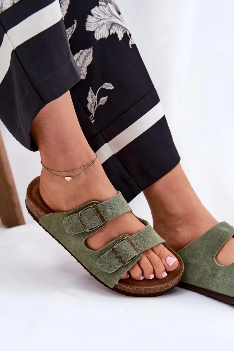 Zamszowe Klapki Damskie Z Klamrami Big Star RR274A393 Zielone