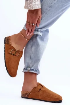 Zamszowe Klapki Damskie Z Futerkiem Brązowe Haidamia