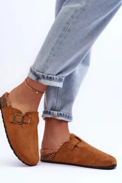 Zamszowe Klapki Damskie Z Futerkiem Brązowe Haidamia