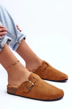 Zamszowe Klapki Damskie Z Futerkiem Brązowe Haidamia