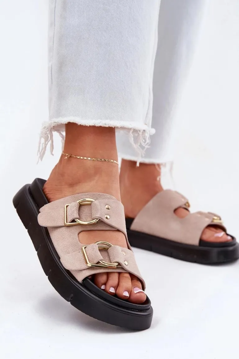 Zamszowe Klapki Damskie Z Ozdobnymi Klamrami Big Star RR274659 Jasnoróżowe