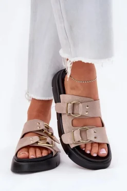 Zamszowe Klapki Damskie Z Ozdobnymi Klamrami Big Star RR274659 Jasnoróżowe