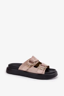 Zamszowe Klapki Damskie Z Ozdobnymi Klamrami Big Star RR274659 Jasnoróżowe