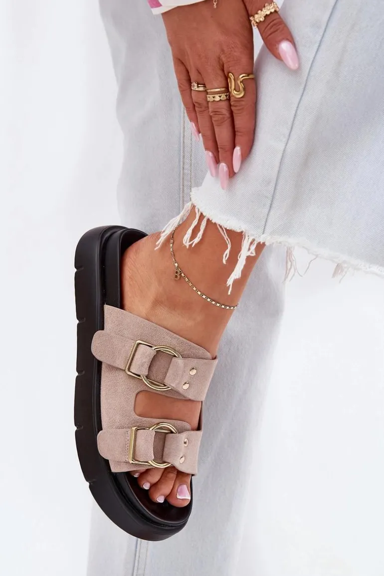 Zamszowe Klapki Damskie Z Ozdobnymi Klamrami Big Star RR274659 Jasnoróżowe