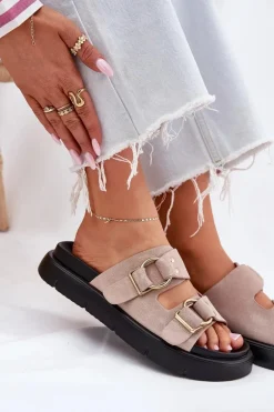 Zamszowe Klapki Damskie Z Ozdobnymi Klamrami Big Star RR274659 Jasnoróżowe