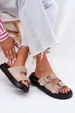 Zamszowe Klapki Damskie Z Ozdobnymi Klamrami Big Star RR274659 Jasnoróżowe