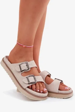 Zamszowe Klapki Damskie Z Klamrami D.Franklin DFSH405001 Beżowe