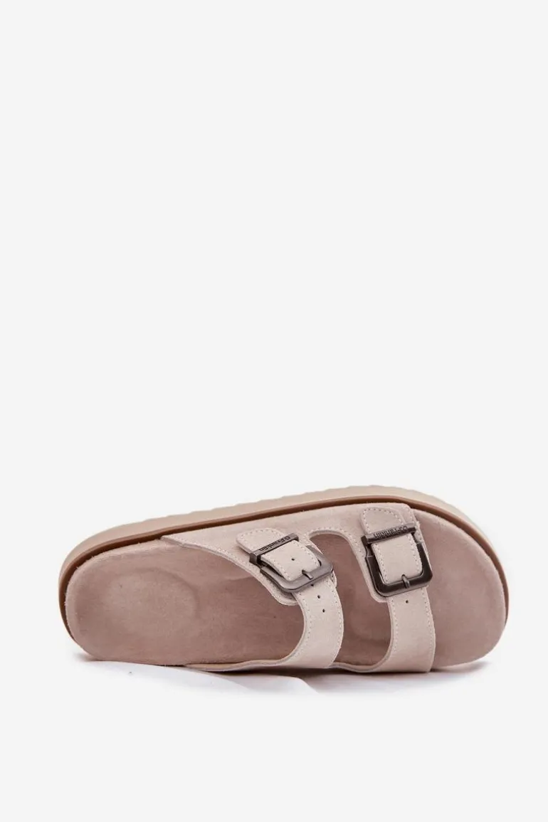 Zamszowe Klapki Damskie Z Klamrami D.Franklin DFSH405001 Beżowe