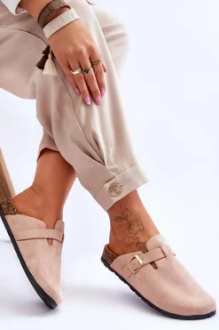 Zamszowe Klapki Na Korkowej Platformie Beżowe Vellma