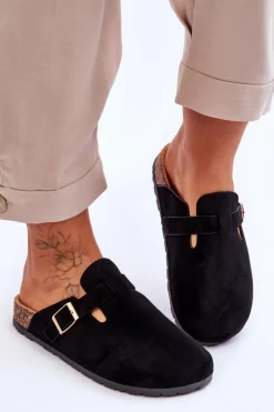 Zamszowe Klapki Na Korkowej Platformie Czarne Vellma