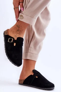 Zamszowe Klapki Na Korkowej Platformie Czarne Vellma