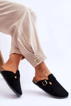 Zamszowe Klapki Na Korkowej Platformie Czarne Vellma