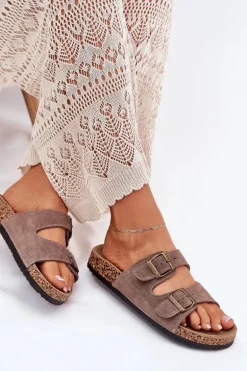 Zamszowe Klapki Na Korkowej Podeszwie Z Klamrami Ciemnobeżowe Tavira