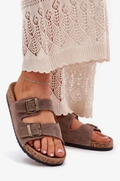 Zamszowe Klapki Na Korkowej Podeszwie Z Klamrami Ciemnobeżowe Tavira