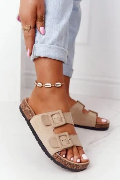 Zamszowe Klapki Na Korkowej Podeszwie Beżowe Jennifer