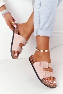 Zamszowe Klapki Na Korkowej Podeszwie Jasnoróżowe Jennifer