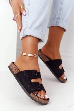 Zamszowe Klapki Na Korkowej Podeszwie Czarne Jennifer