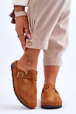 Zamszowe Klapki Na Korkowej Platformie Camel Vellma