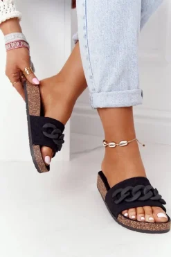 Zamszowe Klapki Na Korkowej Podeszwie Czarne Makayla