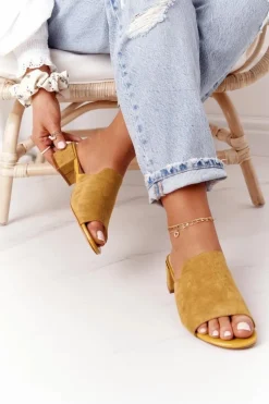 Zamszowe Klapki Na Obcasie Sergio Leone KL313 Żółte