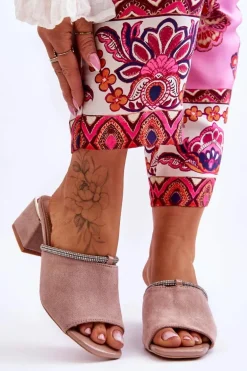 Zamszowe Klapki Na Obcasie S.Barski KV-612-2 Beżowe