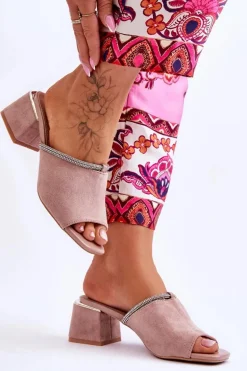 Zamszowe Klapki Na Obcasie S.Barski KV-612-2 Beżowe