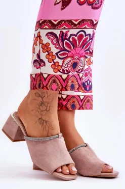 Zamszowe Klapki Na Obcasie S.Barski KV-612-2 Beżowe