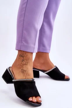 Zamszowe Klapki Na Obcasie S.Barski KV-612-2 Czarne