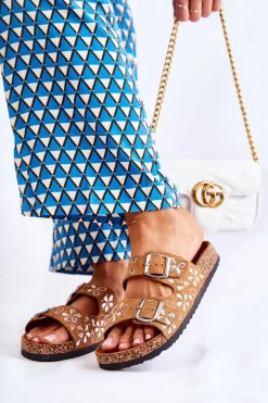 Zamszowe Klapki Z Dżetami Brązowe Dalvio