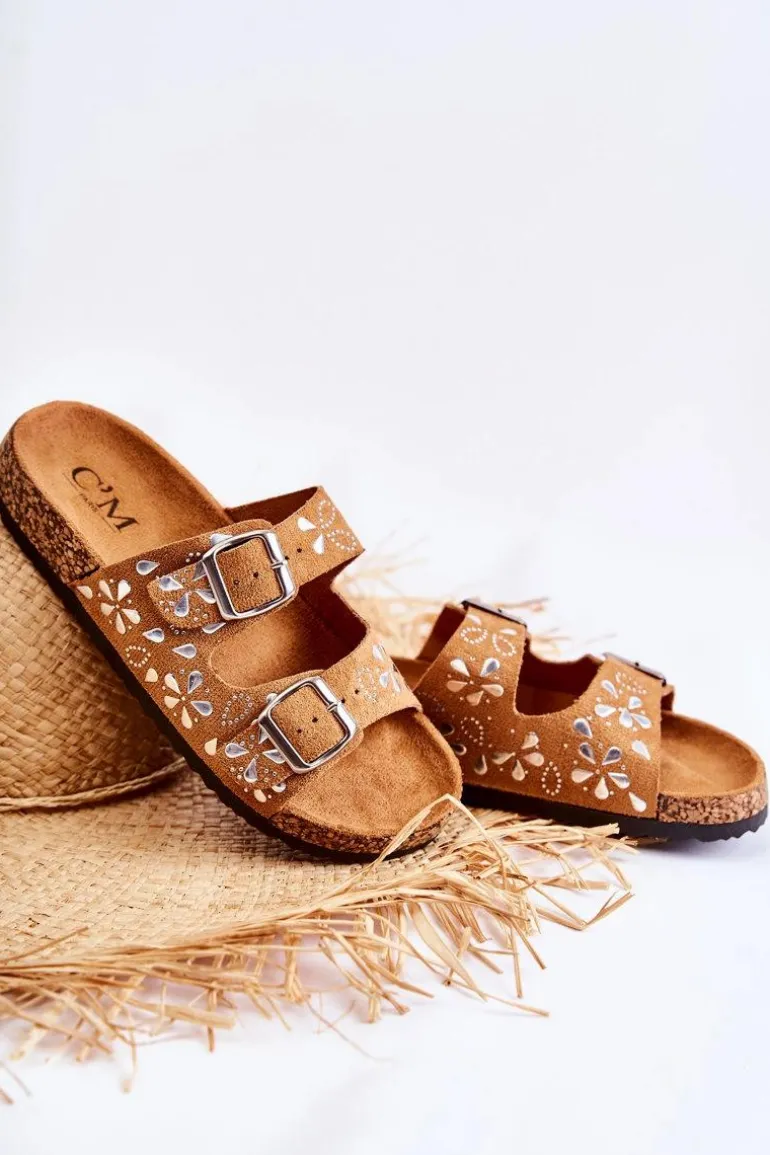 Zamszowe Klapki Z Dżetami Brązowe Dalvio