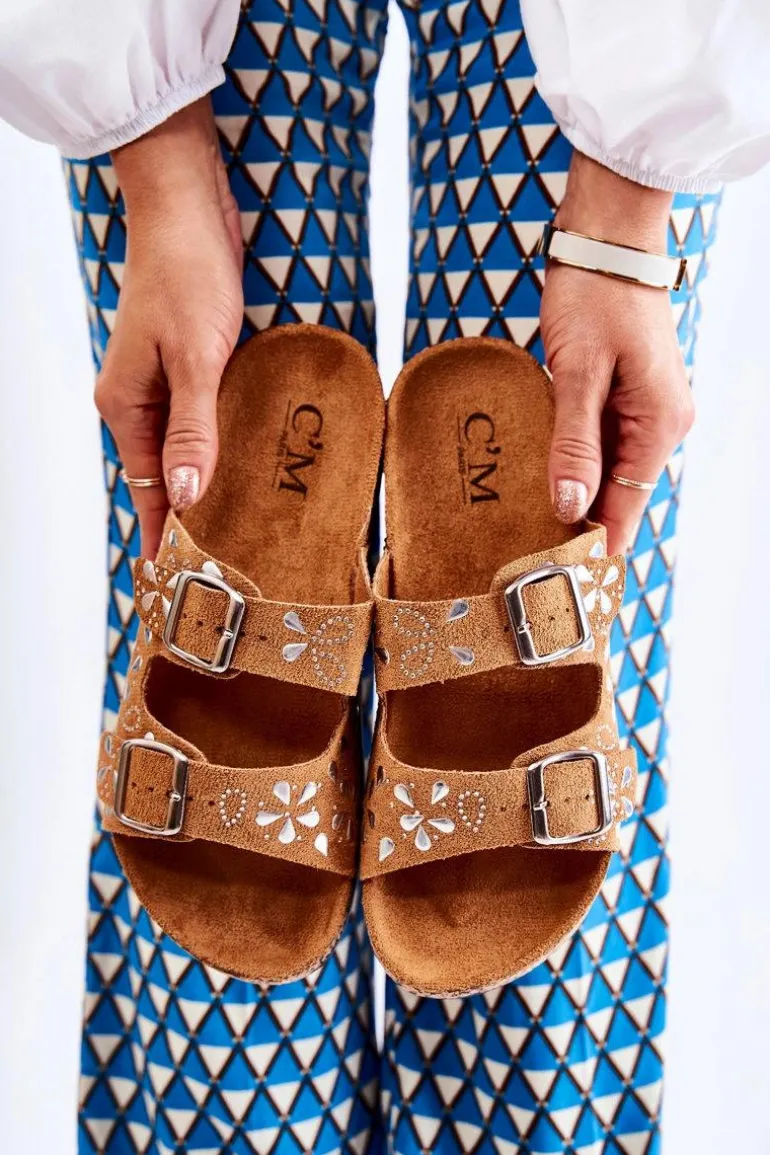 Zamszowe Klapki Z Dżetami Brązowe Dalvio