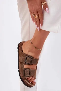 Zamszowe Klapki Z Klamrami Damskie Panto Fino RR267024 Brązowe