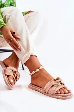 Zamszowe Klapki Z Ozdobnym Łańcuchem Różowe Louie