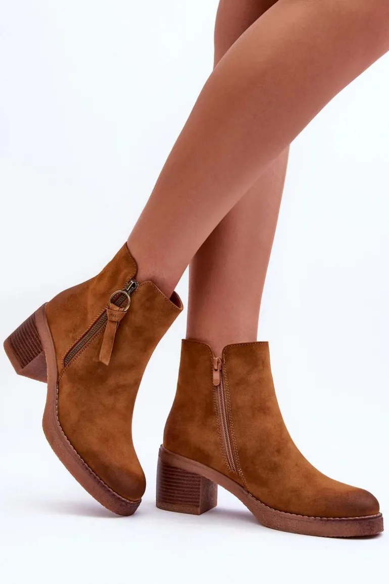 Zamszowe Klasyczne Botki Damskie Brązowe Limoso
