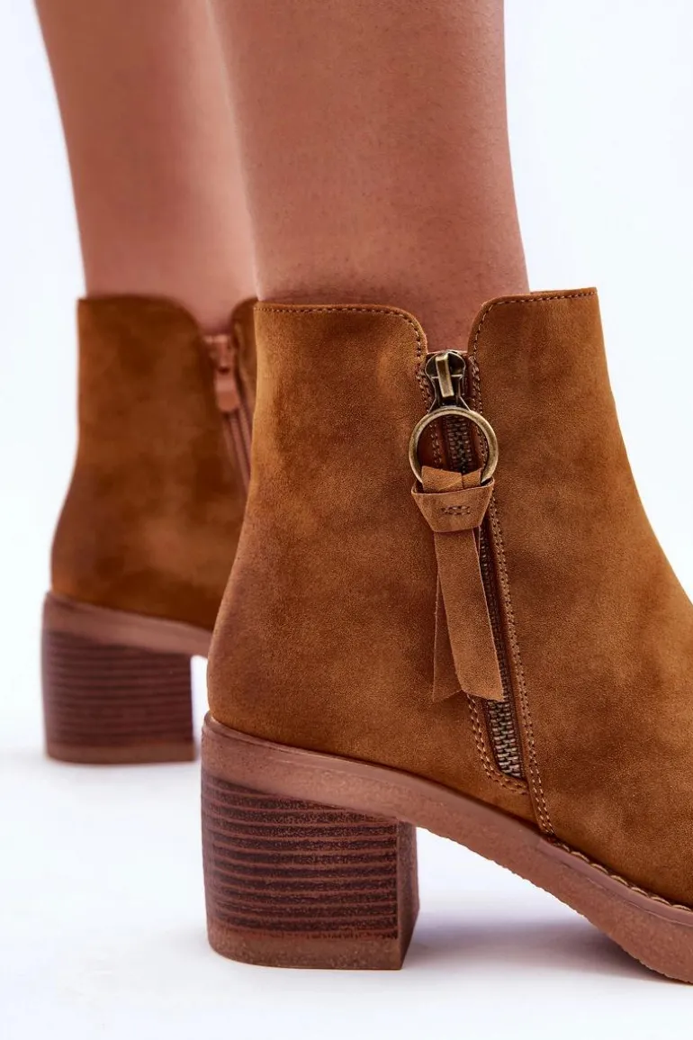 Zamszowe Klasyczne Botki Damskie Brązowe Limoso