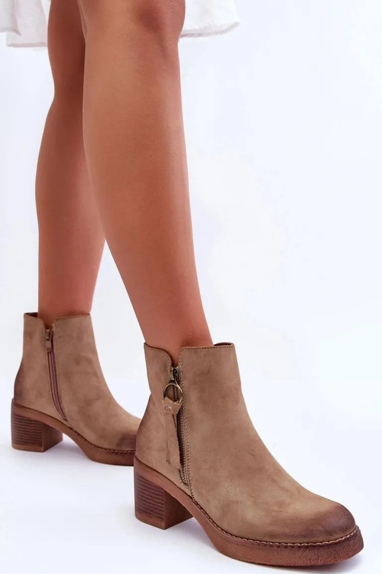Zamszowe Klasyczne Botki Damskie Beżowe Limoso
