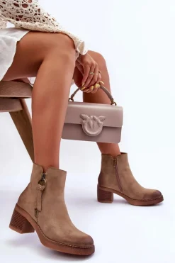 Zamszowe Klasyczne Botki Damskie Beżowe Limoso