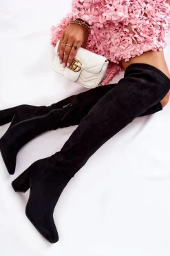 Zamszowe Klasyczne Kozaki Na Obcasie Czarne Kastia