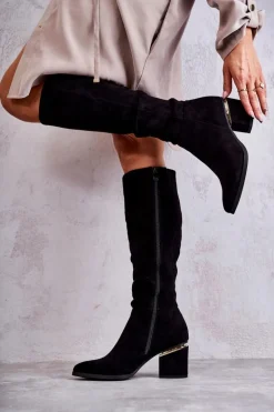 Zamszowe Klasyczne Kozaki Na Suwak Czarne Leyette