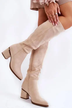 Zamszowe Klasyczne Kozaki Na Suwak Jasnobeżowe Leyette