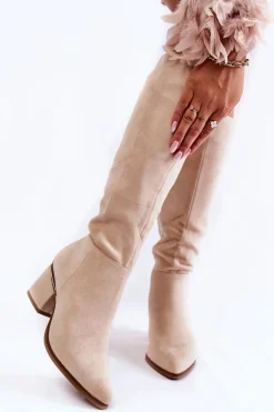 Zamszowe Klasyczne Kozaki Na Suwak Jasnobeżowe Leyette