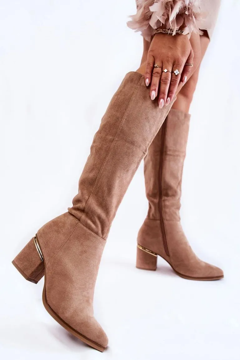 Zamszowe Klasyczne Kozaki Na Suwak Beżowe Leyette