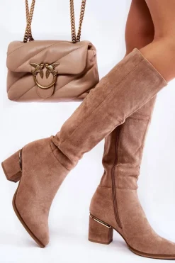 Zamszowe Klasyczne Kozaki Na Suwak Beżowe Leyette