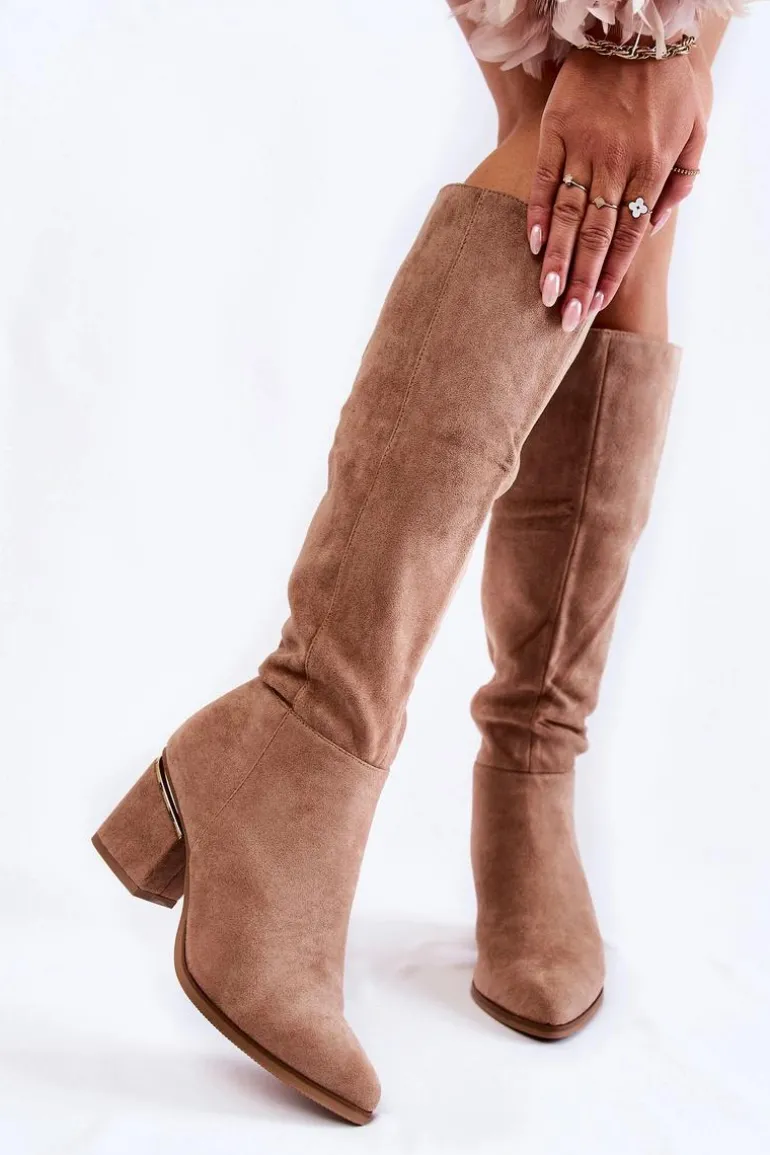 Zamszowe Klasyczne Kozaki Na Suwak Beżowe Leyette