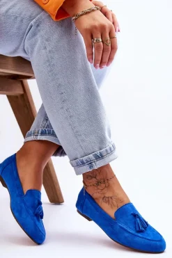 Zamszowe Klasyczne Mokasyny Z Frędzlami Niebieskie Averil